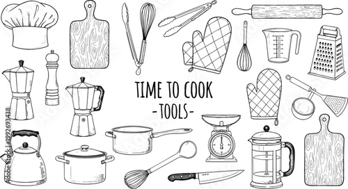 Hand Drawn Cooking Tools Set Including Chef Hat, Pots, Knife, Whisk, Kettle, and Utensils with Kitchen Elements for Culinary Design and Food Preparation Illustration