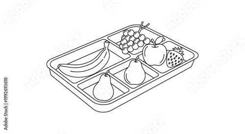 Healthy School Lunch Tray with Fruits: Banana, Pear, Grapes, Apple, Strawberry