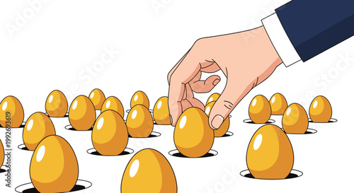 Massive hand reaching down to select a single golden egg from a large group of eggs arranged in a grid pattern.