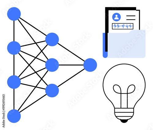 Neural network concept. Neural network structure with medical data file and lightbulb machine learning, AI, and innovation. Ideal for AI, data analysis, medicine, healthcare, innovation