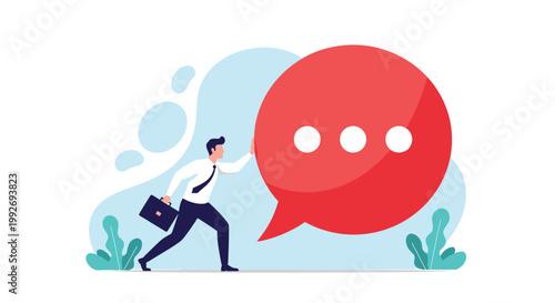 Professional man in a suit pushing a giant red speech bubble with three dots representing communication and social media marketing effort.