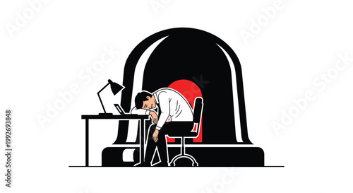 Tired employee sleeping at his desk under a large dark bell-shaped structure representing burnout and intense work pressure at office.
