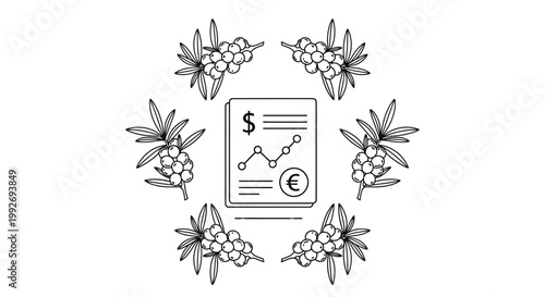 Financial Report with Growth Chart and Currency Symbols, Surrounded by Sea Buckthorn Berries
