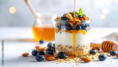 Healthy breakfast jar with layered oats, greek yogurt, fresh blueberries and honey pouring on top