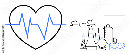Public health, industrial pollution, environmental issues, healthcare awareness, sustainability, air quality. Heartbeat symbol alongside factory emissions. Public health and industrial pollution
