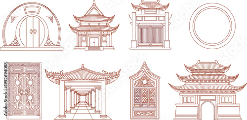 Set of Traditional Asian Architecture Line Icons Including Chinese Temple, Gate, Door, and Pavilion in Detailed Outline Style for Cultural Design and Heritage Illustration