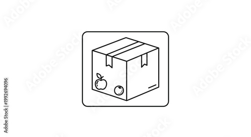 Food box icon, delivery package with fruits, apple and orange, shipping container outline