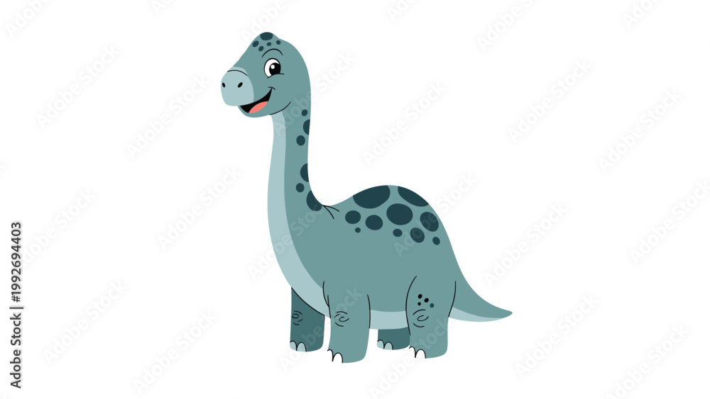 Naklejka premium Friendly brontosaurus dinosaur with a long neck and blue-grey skin with dark spots standing on a white background.