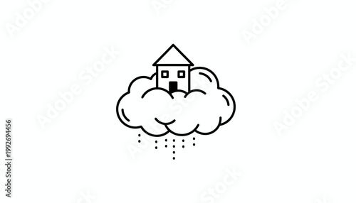 Dream House Floating on Cloud with Rain Drops, Surreal Concept