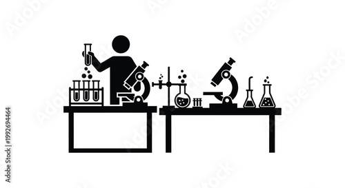 A scientist works in a laboratory with various equipment silhouette