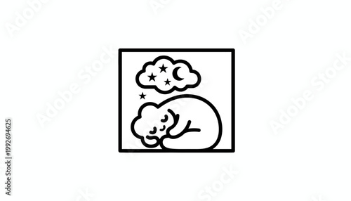 Cute sleeping bear icon in a square frame, dreaming of stars and clouds at night.