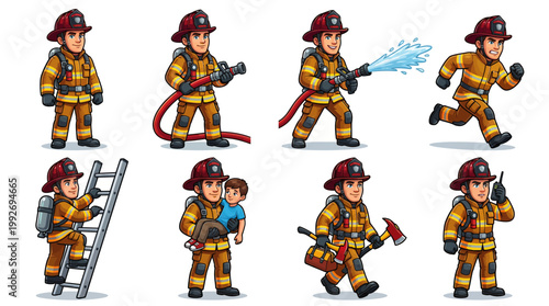 Set of Cartoon Firefighter Character Illustrations in Various Poses and Actions Including Rescuing a Child, Using a Hose, and Climbing a Ladder, Isolated Vector.