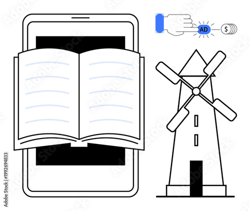 Education technology, digital advertising, renewable energy, sustainability, mobile apps, online learning. Open book on mobile, windmill and hand with ad. Education and renewable energy concept