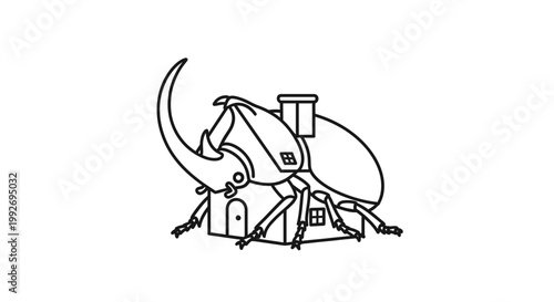 Creative Illustration: Rhinoceros Beetle as a House with Chimney and Windows