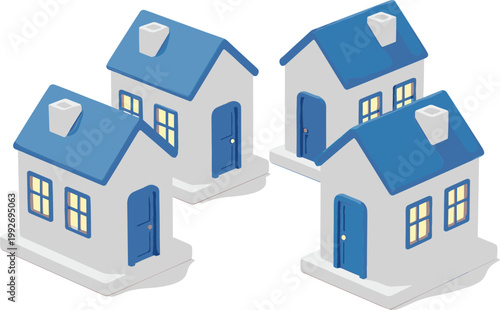 Set of Isometric Houses with Blue Roofs and Doors for Real Estate Design, Residential Architecture, Property Illustration, and Urban Planning Concepts