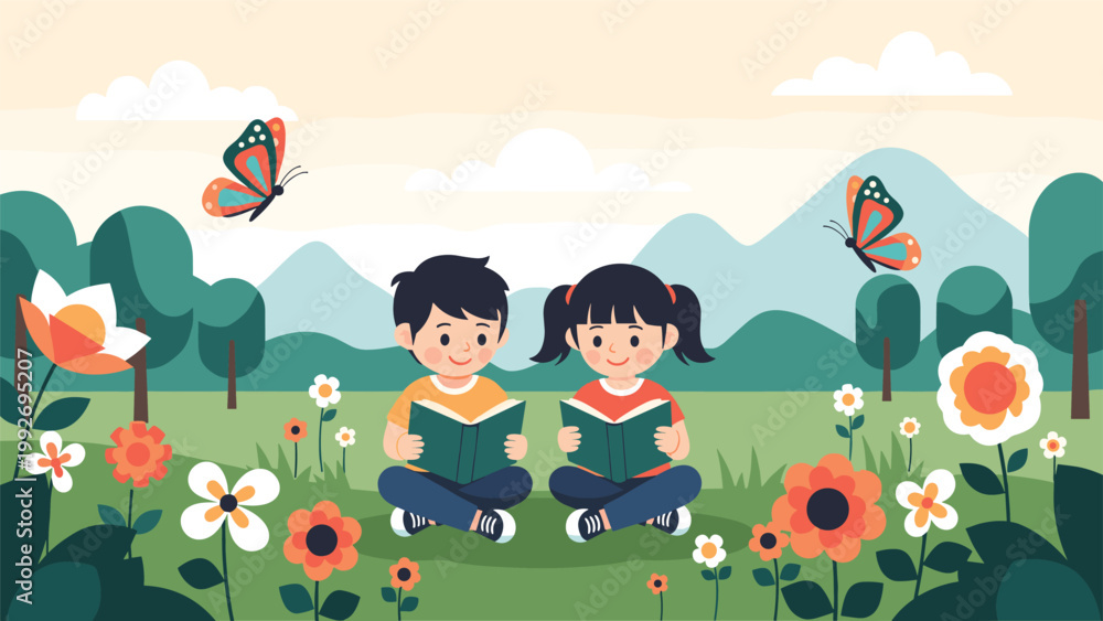 Obraz premium Young boy and girl sitting together in a lush flower meadow reading books with mountains and butterflies in the scenic background.