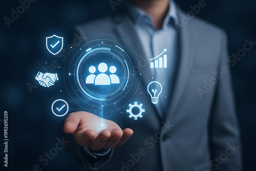 Futuristic business concept with glowing customer care icons representing strong trust relationship growth and loyalty in corporate environment