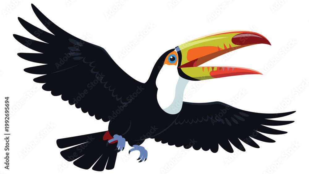 Naklejka premium Colorful toucan with a large yellow and red beak is flying through the air, showcasing its distinctive plumage and tropical beauty.