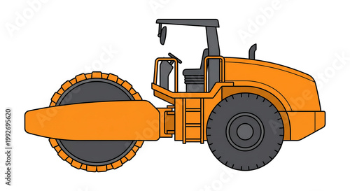 Premium minimalist 2D flat vector graphic of a massive padfoot sheep's foot drum soil compactor roller with detailed rear tyre lugs isolated on white