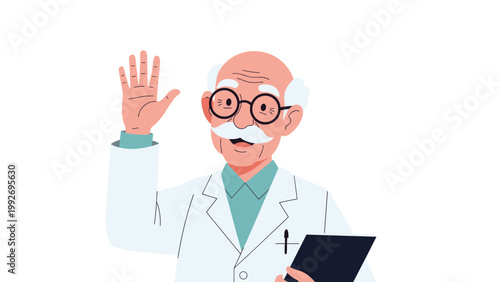 Elderly male doctor with a white coat and glasses is waving his hand in a friendly greeting, conveying care and professional medical trust.