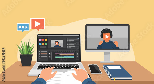 Remote work setup with video conference.