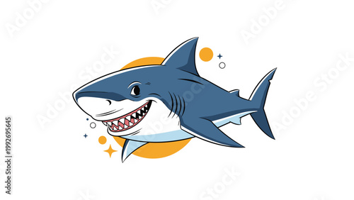 Large blue shark with a wide toothy grin is swimming through the ocean, presented in a friendly and non-threatening cartoon style.