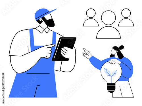 Collaboration, innovation, teamwork, leadership, ideas, sustainable development. A worker with a tablet, a person pointing with a light bulb and simple group icons. Collaboration and innovation