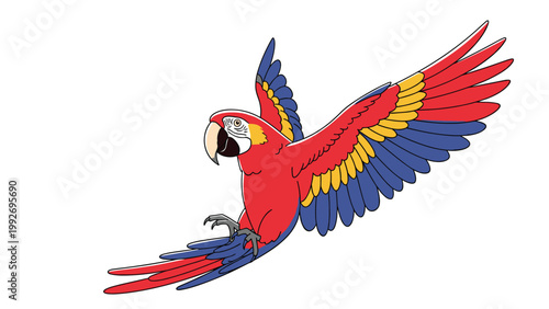 Vibrant scarlet macaw with red, blue, and yellow feathers is captured mid-flight with its large wings fully extended in the air.