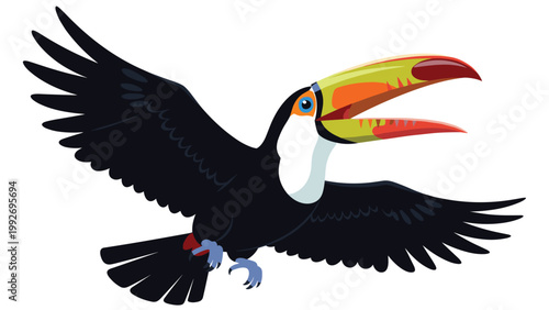 Colorful toucan with a large yellow and red beak is flying through the air, showcasing its distinctive plumage and tropical beauty.