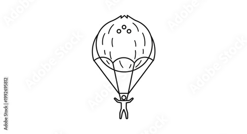 Coconut parachuting with person skydiving, healthy food concept, summer fun, extreme sport
