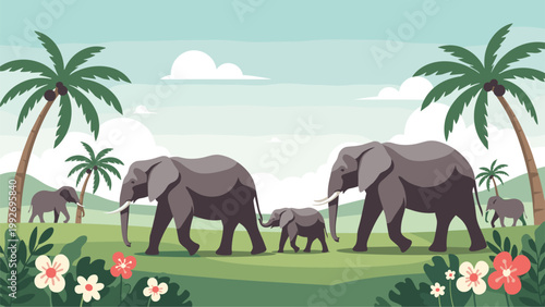 Family of elephants, including adults and calves, is walking together across a lush savanna with palm trees and blooming flowers.