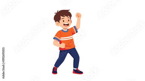 Excited young boy in an orange t-shirt and blue pants is cheering and raising his fist in celebration of a success or victory.