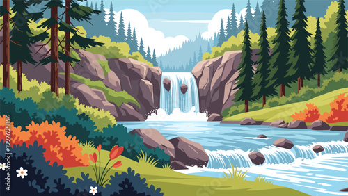Scenic waterfall cascades into a rocky river surrounded by lush pine forests and distant mountains in a beautiful wilderness landscape.