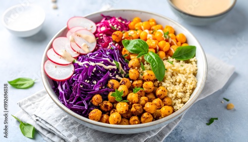 Healthy buddha bowl with roasted chickpeas, quinoa, red cabbage, radish and fresh herbs