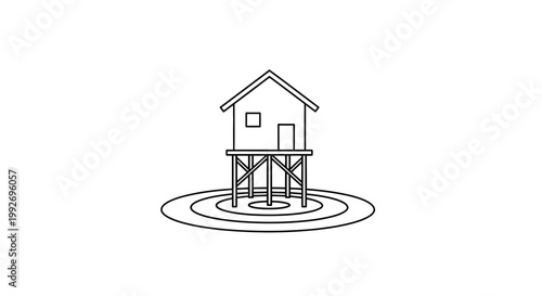 Stilt House on Water with Ripples, Simple Line Art Illustration