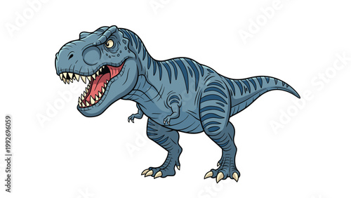Ferocious blue tyrannosaurus rex with dark stripes is roaring with its mouth wide open, showing sharp teeth and prehistoric power.