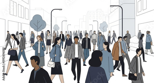 Diverse crowd of people walking on a busy city street illustration.