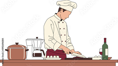 Professional Chef Cooking in Kitchen Preparing Meal with Ingredients, Utensils, and Wine in Flat Illustration Style for Culinary Design, Restaurant Concept, and Food Preparation Graphics