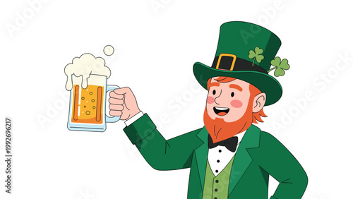 Jolly leprechaun wearing a green hat with shamrocks and a suit is raising a large overflowing mug of beer in a festive toast.