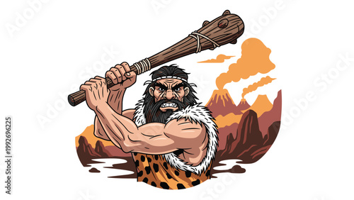Strong caveman with a thick beard is raising a large wooden club in a prehistoric landscape with active smoking volcanoes behind him.