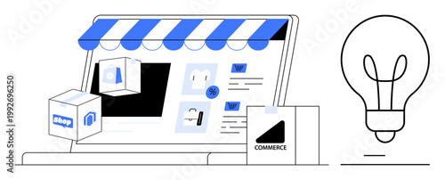 E-commerce, online business, innovative retail, digital stores, e-shopping, branding. A laptop with a storefront and shopping icons. E-commerce and online business concept