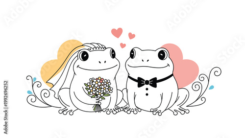 Charming illustration of two happy frogs getting married with bride wearing a veil and holding a bouquet next to her groom.