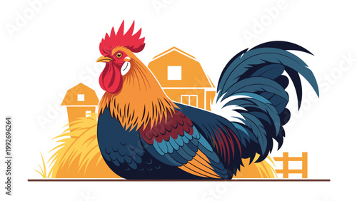 Proud colorful rooster standing in front of farm buildings and hay bales on a bright day in a rural countryside setting.