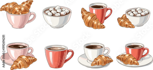 Coffee and croissant vector collection with breakfast cups hot beverage pastries cafe food illustration set isolated