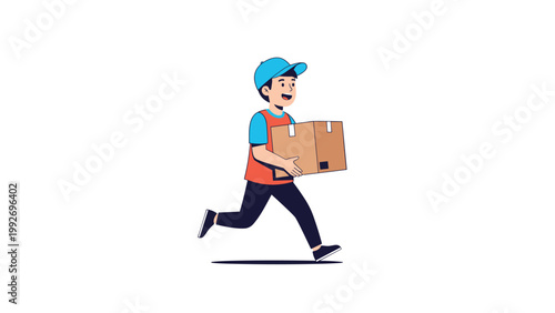 Fast delivery courier boy in uniform running while carrying a large cardboard box package against a white background.