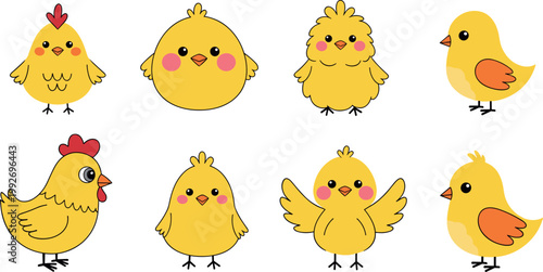 Cute chick vector set with yellow baby chicken cartoon characters adorable farm animals illustration collection isolated