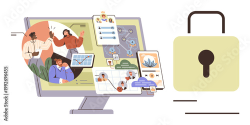 Digital protection, online collaboration, remote teamwork, cybersecurity, virtual connections, secure communication. Monitor displaying collaboration apps with user profiles and lock symbol