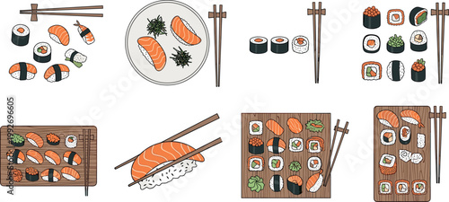 Sushi vector set with salmon nigiri maki rolls chopsticks wooden boards and Japanese food illustration collection isolated