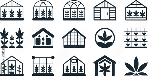 Various greenhouse designs with cannabis plants illustration set