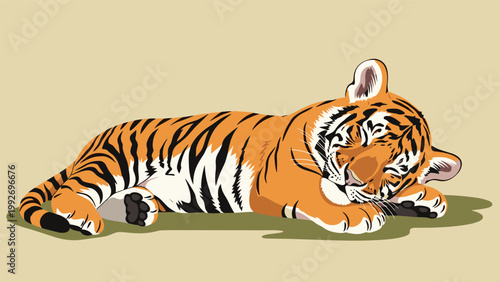 Adorable young tiger cub sleeping peacefully on its side with stripes showing clearly against a neutral background.